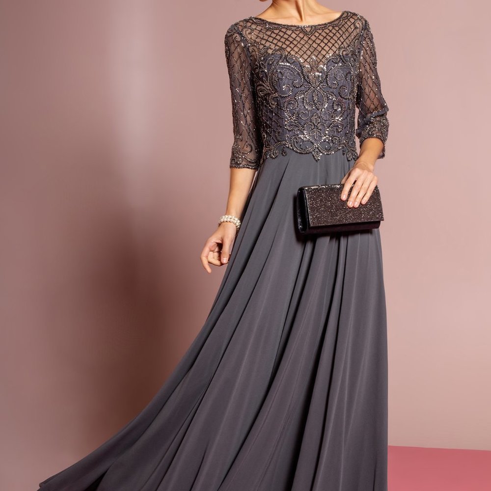 NEW CHARCOAL GRAY MOTHER OF BRIDE Illusion Sweetheart Neck A-Line Dress GL2686 - Picture 6 of 7
